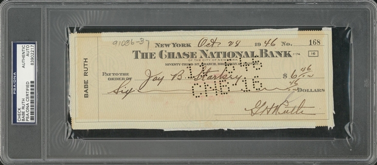 1946 Babe Ruth Signed Check Dated 10/28/1946 Signed as G.H. Ruth (PSA/DNA)